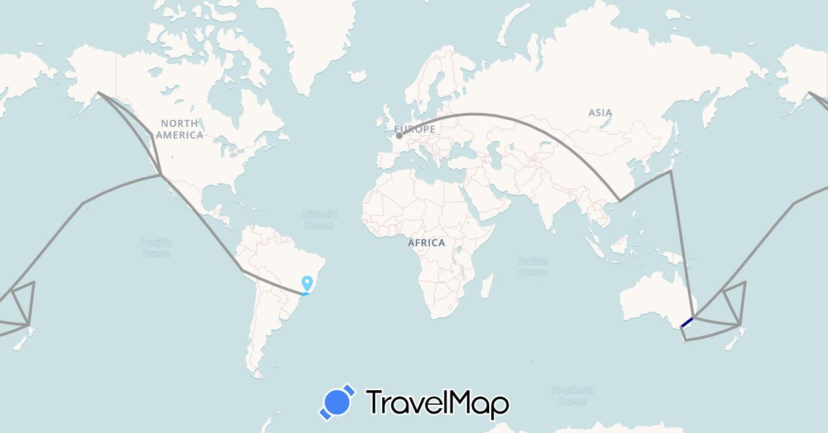 TravelMap itinerary: driving, plane, boat in Australia, Brazil, Canada, Fiji, France, Hong Kong, Japan, New Caledonia, New Zealand, Peru, United States (Asia, Europe, North America, Oceania, South America)